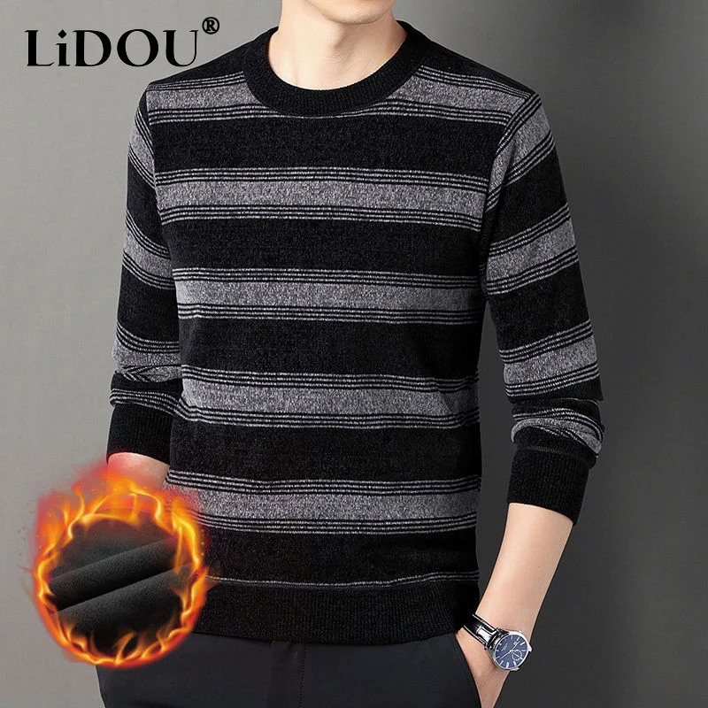 Top Trends: Autumn Winter New Striped Fashion Long Sleeve Sweater Man High Street Casual Contrast Color Pullovers Men Plus Velvet Warm Tops Shoppable Styles