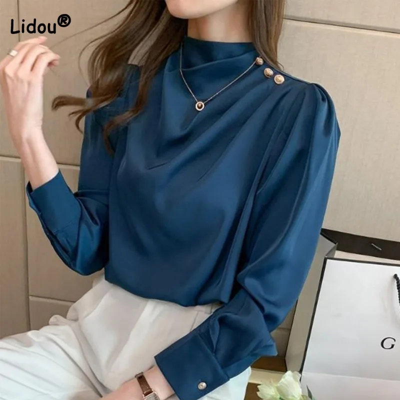 Top Trends: Office Lady Elegant Solid Color Long Sleeve Shirt Women&#039;s Clothing Stylish Spring Autumn Korean Chic Button Folds Spliced Blouse Shoppable Styles