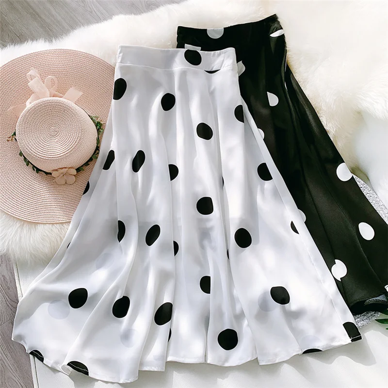 Top Trends: Spring Summer Polka Dot Chiffen Skirts Women 2022 New Vinatge Elastic High Waist A-line Skirt Female Slim Midi Skirt Shoppable Styles