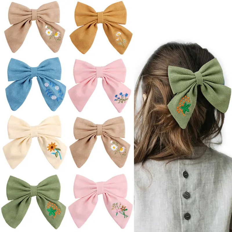 Top Trends: Sweet Girls Embroidered Hair Clips Daisy Flower Bowknot Hairpins Barrettes Hair Bows Ornament Headwear Kids Hair Accessories Shoppable Styles