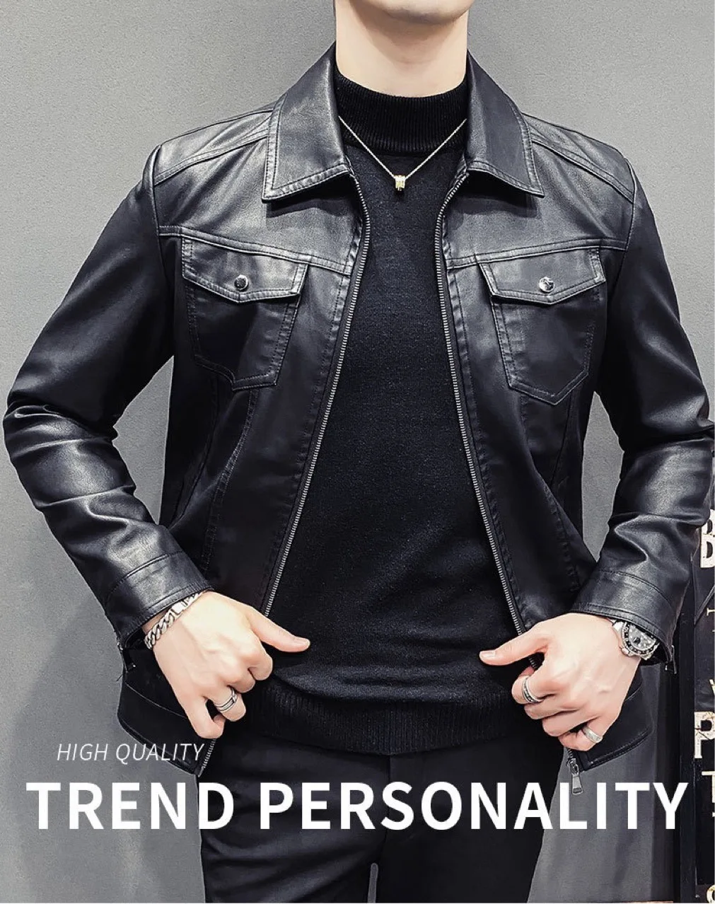 Top Trends: Autumn And Winter New Men's Casual Motorcycle Jacket Slim Korean Version Lapel PU Leather Shoppable Styles - Image 4