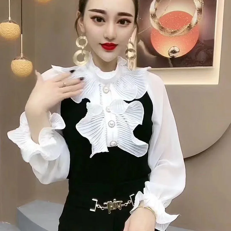 Top Trends: Fashion Gauze Spliced Beading Ruffles Blouses Women's Clothing 2023 Autumn Winter New Loose Elegant Tops Butterfly Sleeve Shirts Shoppable Styles