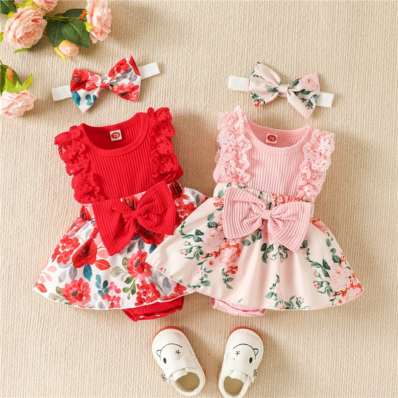 Top Trends: 2pcs Infant Baby Girls Romper Dress Patchwork Flower Print Lace Sleeveless / Long Sleeve Crew Neck Front Bowknot Jumpsuit Headband Shoppable Styles