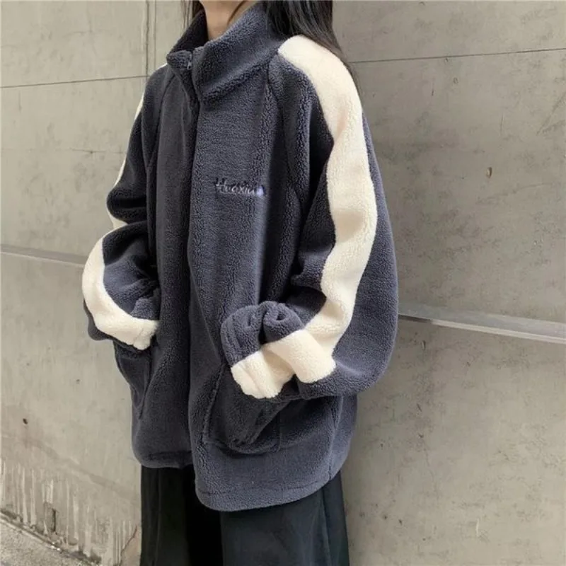 Top Trends: Deeptown Harajuku Winter Grey Lambswool Jackets Women Vintage Korean Style Patchwork Zip Up Jacket Oversize Fleece Warm Coat Shoppable Styles