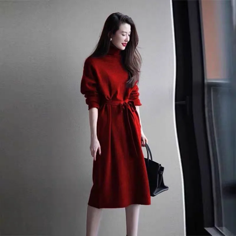 Top Trends: Purple Turtleneck Knit Bottoming Dress Women's Spring And Autumn Coat New Temperament Knee-Length Sweater Long Skirt Shoppable Styles