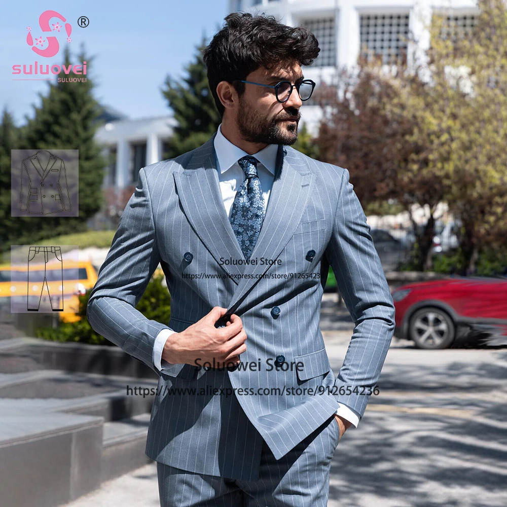 Top Trends: Fashion Striped Double Breasted Tuxedos Suits For Men Slim Fit 2 Piece Pants Set Formal Groom Wedding Dinner Peaked Lapel Blazer Shoppable Styles