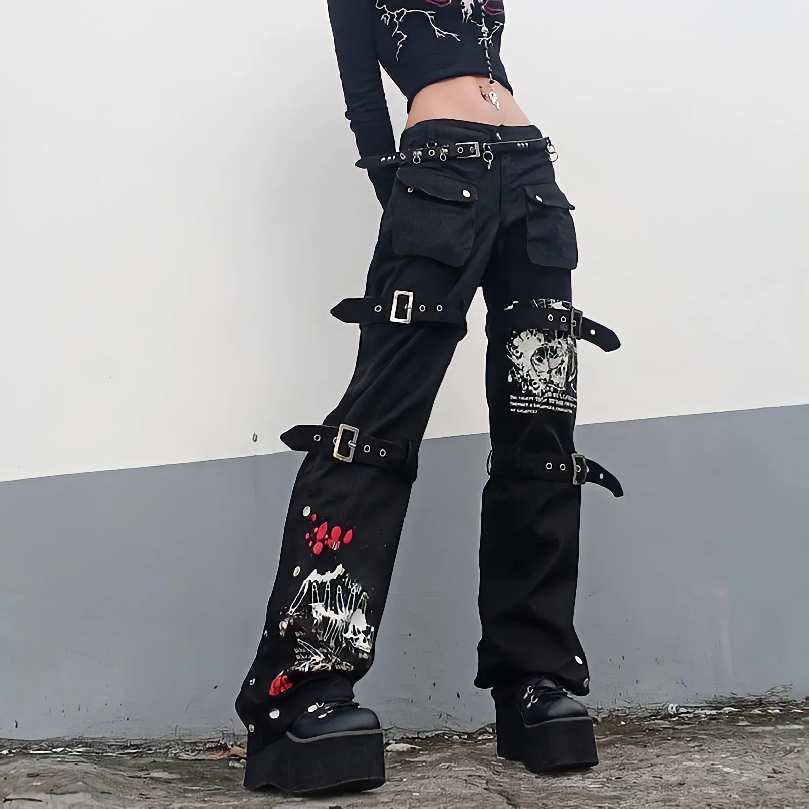 Top Trends: American Punk Style Black Jeans Woman Summer Streetwear Graffiti Cargo Pants Metal Buckle Fashion Vintage Straight Flared Pants Shoppable Styles