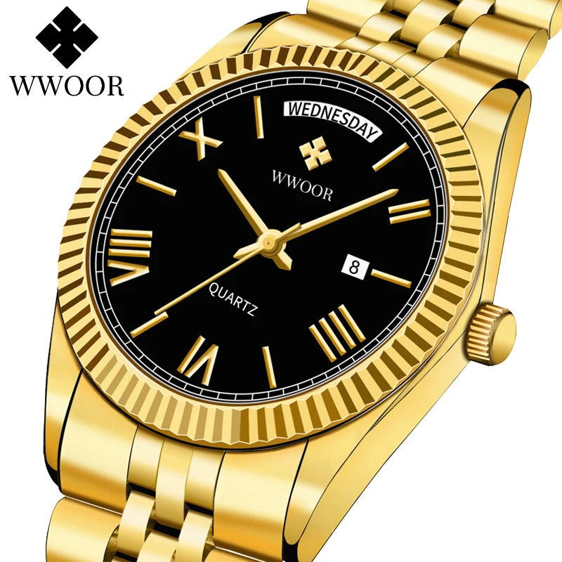 Top Trends: WWOOR New Gold Watches Mens Luxury Stainless Steel With Calendar Warterproof Male Clock Week Quartz Wristwatch Relogio Masculino Shoppable Styles