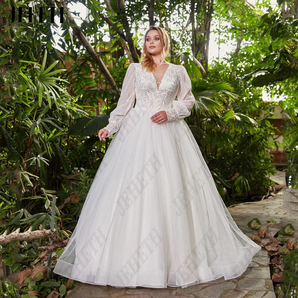 Top Trends: JEHETH Princess Wedding Dress For Woman Long Sleeves V-Neck Lace Up Bride Gowns Tulle A-Line Modern Plus Size Vestidos De Novia Shoppable Styles