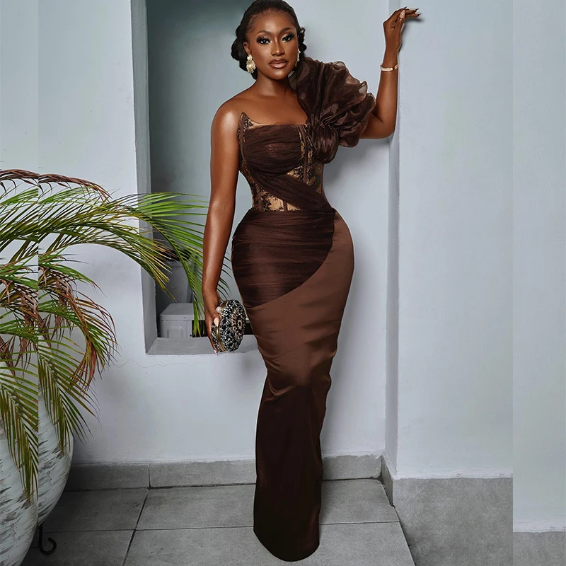 Top Trends: Brown Aso Ebi Evening Dresses For Women One Shoulder Floor Length Pleats Lace Africa Wedding Party Gowns Formal Occasion Dress Shoppable Styles