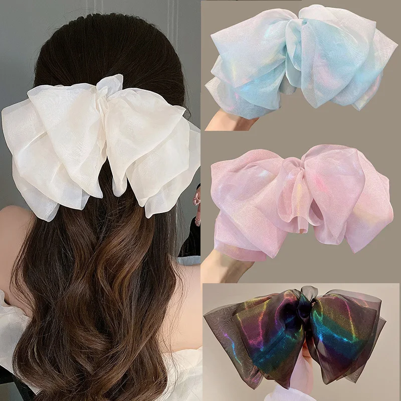 Top Trends: Chic Chiffon Shimmering Mesh Big Bow Spring Barrettes Hair Clips For Women Accessories Korean Elegant High Crown Bowknot Hairpin Shoppable Styles