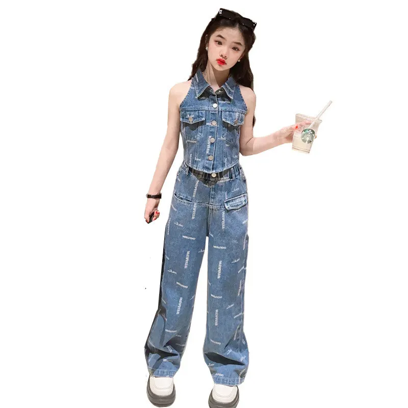 Top Trends: Teens Girls Oufits Blue Denim Sleeveless Backless Vest Jeans Two Pieces Children Costumes 2023 Summer Fashion Kids Clothes Sets Shoppable Styles