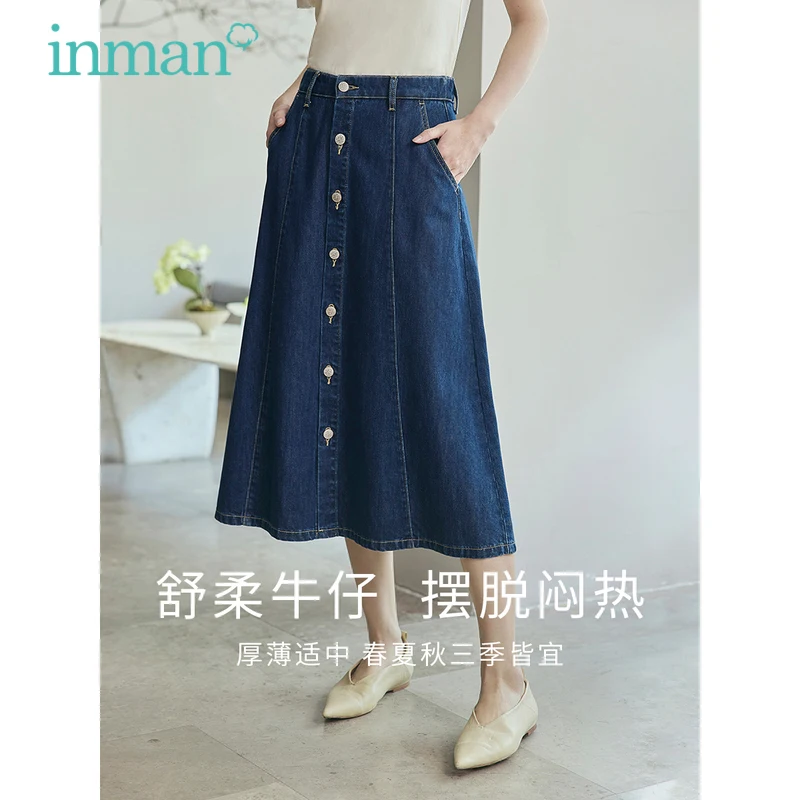 Top Trends: INMAN Women Denim Skirt 2023 Summer High Waisted A-shaped Loose Single Breasted Fashion Retro Casual All-match Long Skirt Shoppable Styles