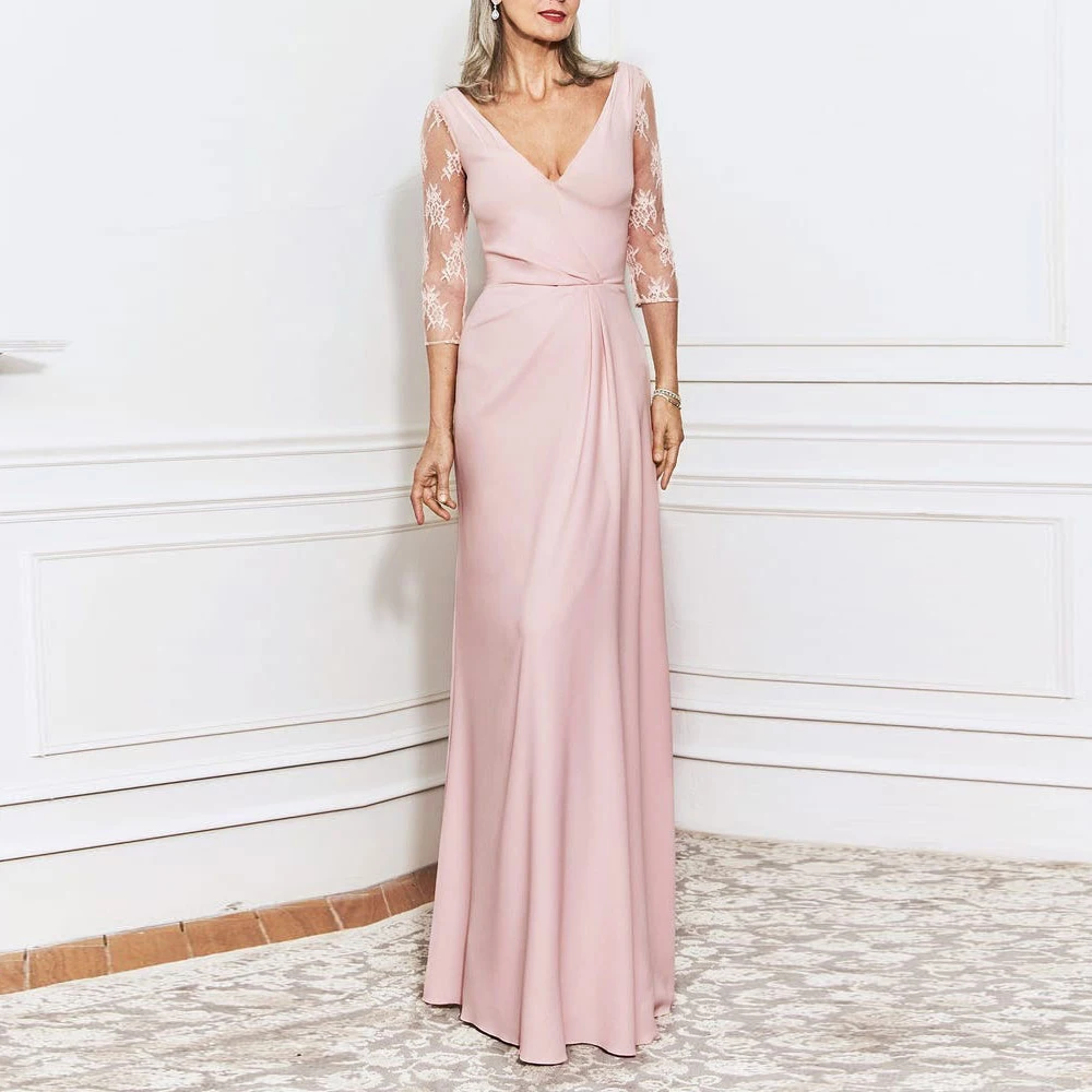 Top Trends: Pink Mother Of The Bride Dresses V-Neck Sheath Lace Appliques 3 / 4 Sleeve Simple Prom Classic Floor-Length Wedding Guest Shoppable Styles