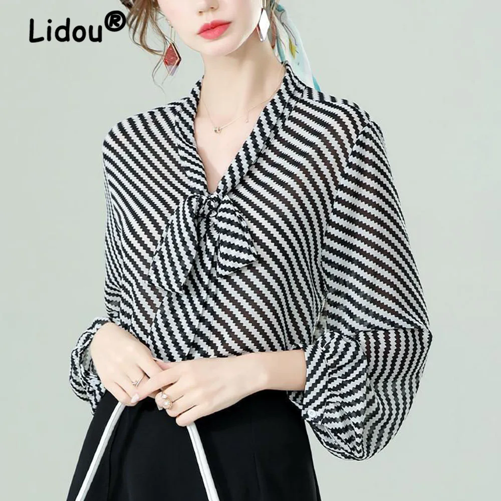 Top Trends: Spring Summer Women Chiffon Shirt Stripe Loose Long Sleeve Bow Office Fashion Urban Cardigan Elegant Women&#039;s Blouses 2022 5XL Shoppable Styles