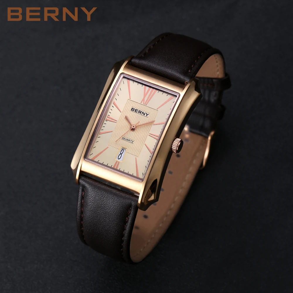 Top Trends: BERNY Watch For Men Rectangle Japan Quartz Wristwatch Waterproof Business Rectangular Dress Male Clock Top Genuine Leather Strap Shoppable Styles