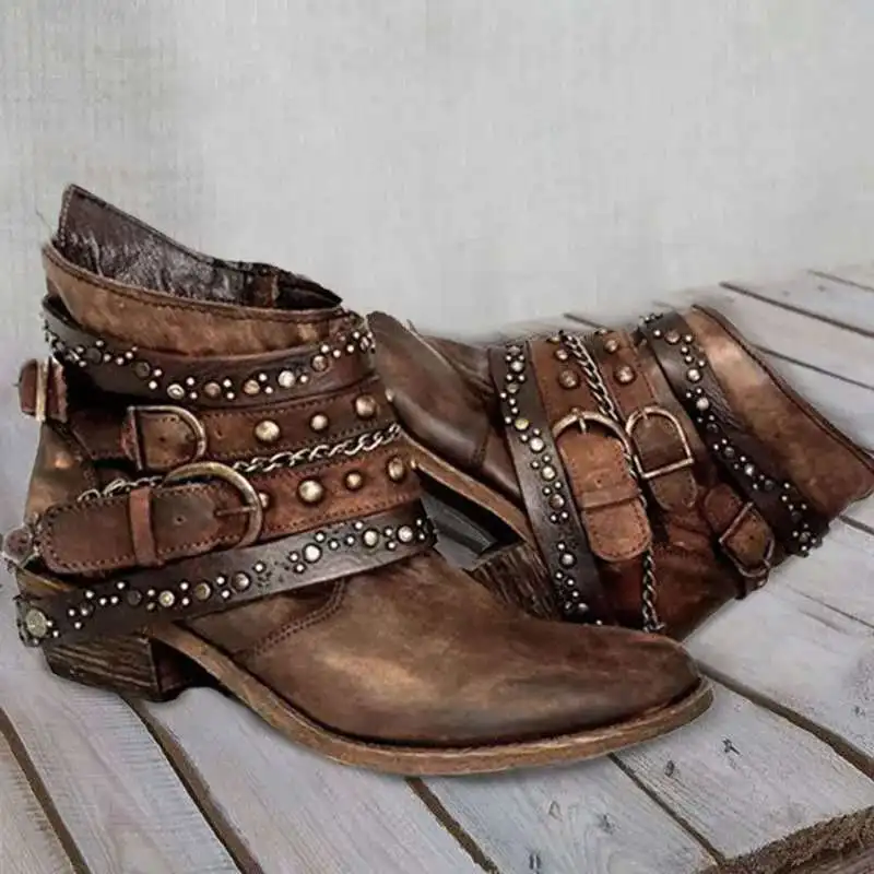 Top Trends: 2023 New Vintage Cool Cowboy Western Boots Woman Slip On Metal Rivet Chunky Heel Punk Walking Work Ridding Boots Ladies Boots Shoppable Styles