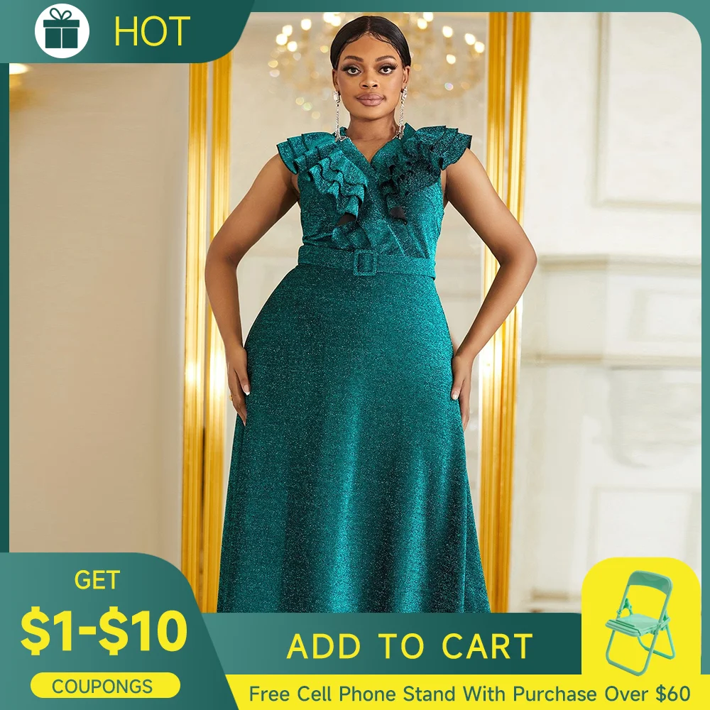 Top Trends: Evening Dress Plus Size Green New Sleeveless High Waist Party Dress V-neck Large Women's Dress Elegant Soft Fit Female Clothes Shoppable Styles