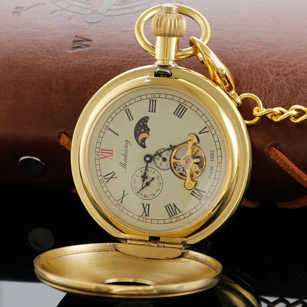 Top Trends: Antique Luxury Tourbillon Moon Phase Steampunk Mechanical Pocket Watch Retro Gentleman Analog Signal Clock Lady Jewelry Gift Shoppable Styles