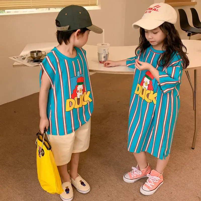 Top Trends: 2023 Summer New Children Brother Sister Matching Clothes Boys Fashion Cartoon Print T-shirt Girls Casual Dress Sibling Outfits Shoppable Styles