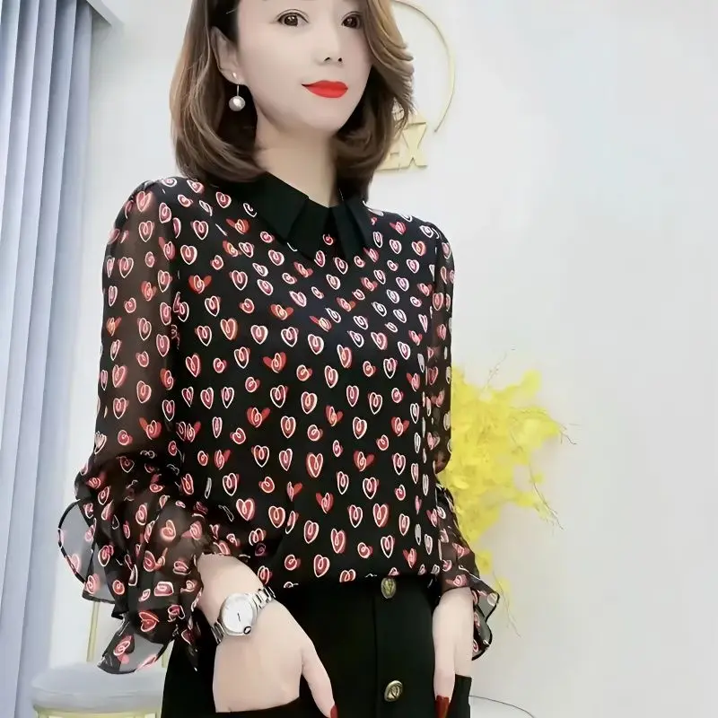 Top Trends: Fashion Lapel Ruffles Printed Princess Sleeve Blouse Women's Clothing 2023 Autumn New Oversized Casual Tops Office Lady Shirt Shoppable Styles