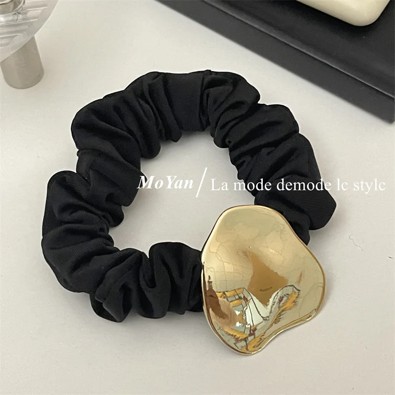 Top Trends: Black Scrunchies Geometric Metal Gold Color Hairties Elegant Silk Elastics Hair Band Solid Color Scrunchies For Women Girl Shoppable Styles