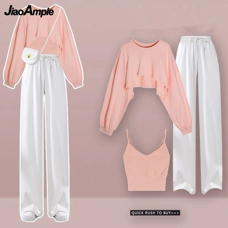 Top Trends: Women&#039;s Fashion Short Sweatshirt Vest Long Pants 1 Or 3 Piece Set Korean Lady Casual Pink Pullover Crop Tops Wide Leg Trousers Shoppable Styles