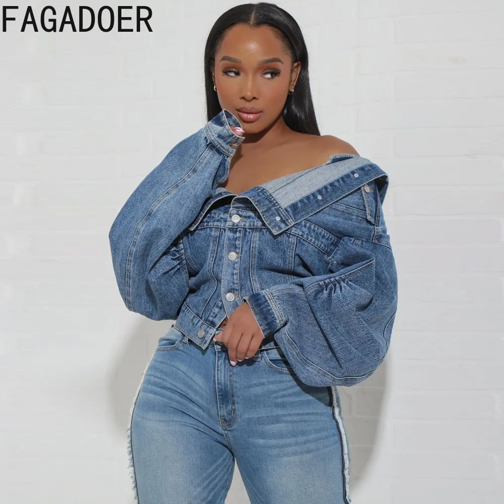 Top Trends: FAGADOER Blue Vintage Fashion Y2K Denim Coats Women Turndown Collar Long Sleeve Slim Crop Top Autumn Lady Cowboy Matching Jacket Shoppable Styles - Image 2