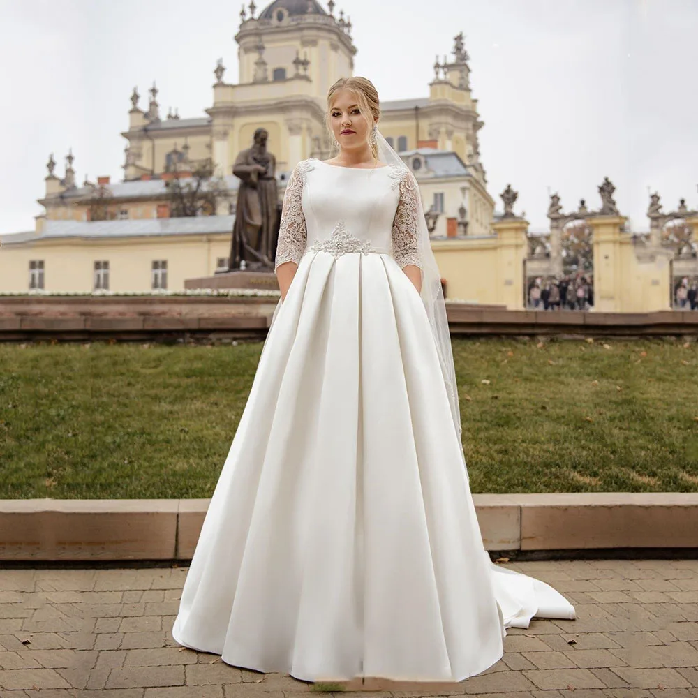 Top Trends: Classic Wedding Dresses Plus Size Jewel Neck Half Sleeves Bride Gown Lace Beads Floor Length A-Line Satin Vestido De Novia Shoppable Styles