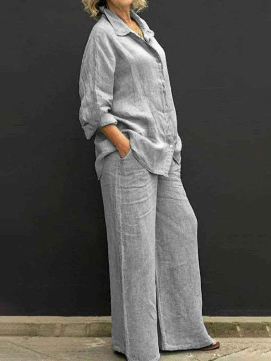 Top Trends: Women Cotton Linen Suits 2023 Elegant Solid Long Sleeve Shirt Wide Leg Trousers Two Piece Set Female Casual Straight Pants Suits Shoppable Styles