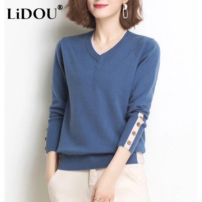 Top Trends: 2023 Spring Autumn New Solid Color Fashion V-neck Long Sleeve Knitting Sweater Women Casual Loose Chic All-match Pullovers Tops Shoppable Styles