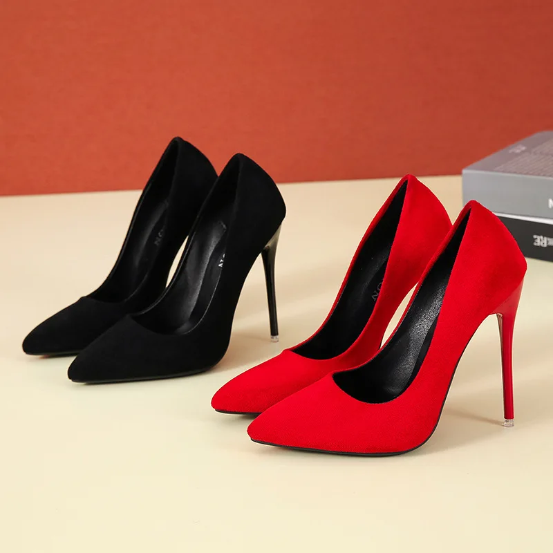 Top Trends: Fashion High Heels Red Black Plus Size 35-45 Women Shoes 12cm Stiletto Suede Wedding Shoes Sexy Pointed Toe Ladies Party Shoes Shoppable Styles