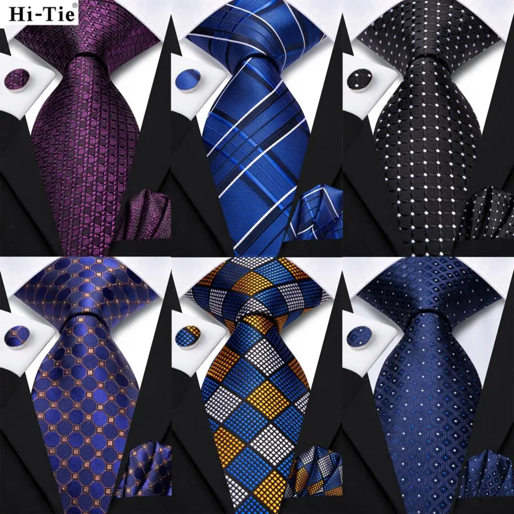 Top Trends: Hi-Tie Plaid Navy Blue Silk Elegant Tie For Men Groom Wedding Men Necktie Pocket Square Cufflink Accessory Wholesale Designer Shoppable Styles