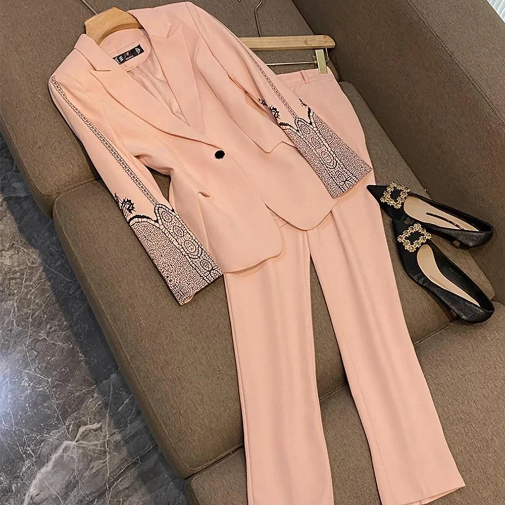 Top Trends: Vintage Printed Full Sleeve Single Button Fashion Elegant Women Pink Blazer Pencil Pants Business Suit Casual 2-Piece Autumn New Shoppable Styles