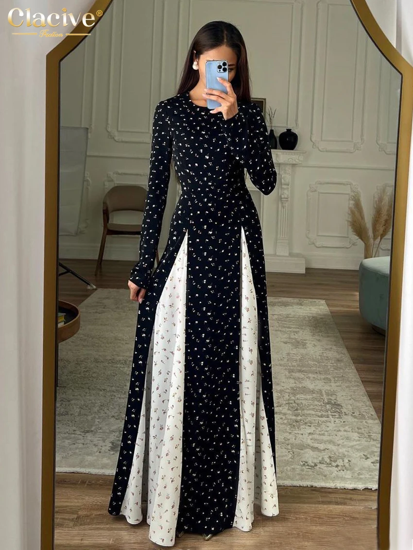 Top Trends: Clacive Elegant Slim Print Womens Dresses 2023 Fashion O-Neck Long Sleeve Maxi Dress Vintage Chic Patchwork Female Party Dress Shoppable Styles