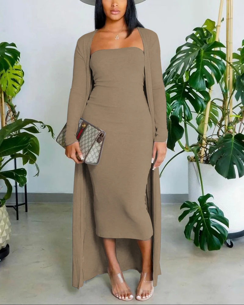 Top Trends: 2022 New Autumn Fashion Suit Women Solid Tube Bodycon Dress With Longline Coat Two Piece Set Casual Daily Outfits Shoppable Styles - Image 3