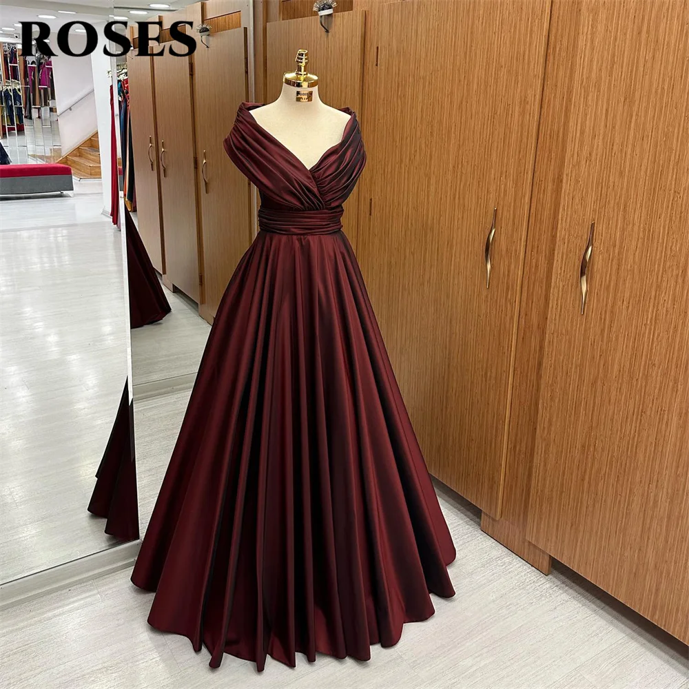 Top Trends: ROSES Off The Shoulder Evening Dresses Stain Pleat Charming Prom Dress A Line V Neck Burgundy Party Dresses Vestidos De Noche Shoppable Styles