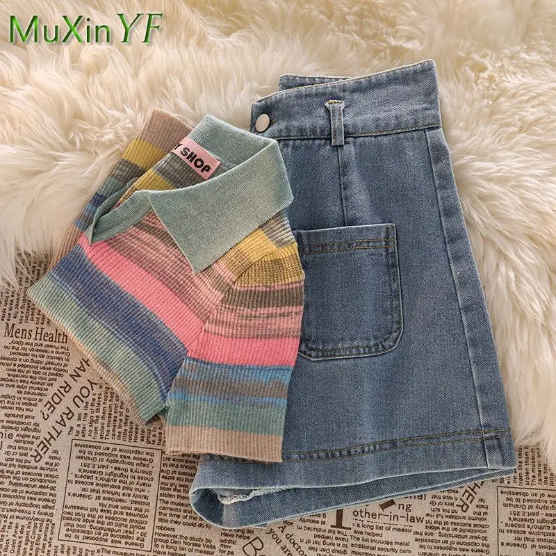 Top Trends: 2023 Summer New Matching Set Women Korean Elegant Short Sleeve Top High Waist Denim Shorts Two Piece Female Chic Clothing Suit Shoppable Styles