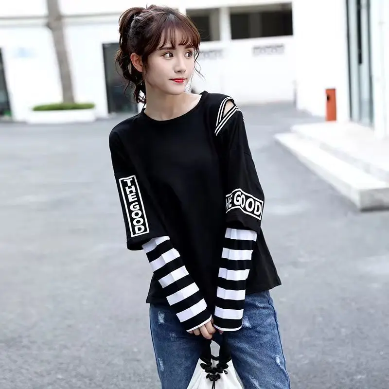 Top Trends: Fashion Striped Spliced Hollow Out Fake Two Pieces T-Shirt Female Clothing 2023 Autumn New Korean Tops Casual Tee Shirt Shoppable Styles