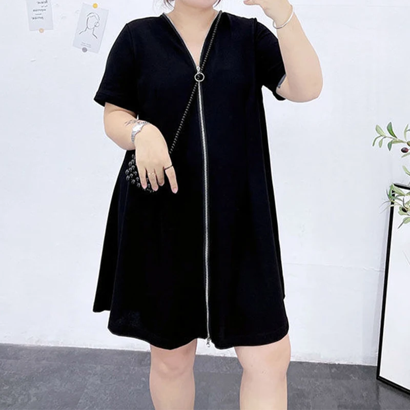 Top Trends: Plus Size Women Clothing Summer Dress 2022 Fashion V-Neck Loose And Thin Zipper Casual Black Blue Dresses Vestido Ocasional Shoppable Styles