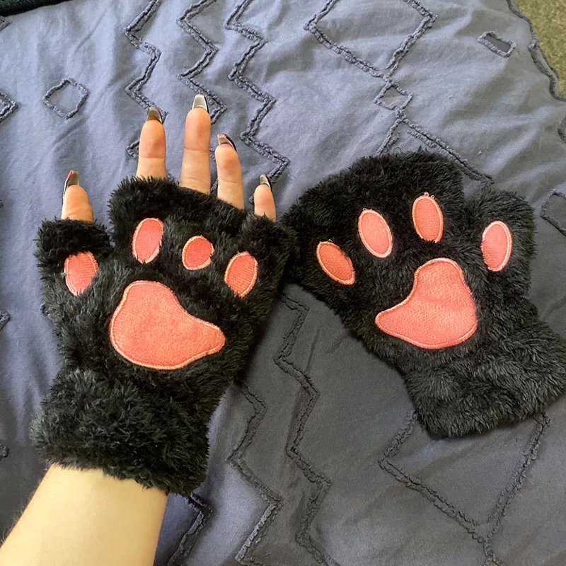 Top Trends: Kawaii Cute Cat Paw Fluffy Claw Fingerless Gloves Warm Soft Plush Women Half Finger Plush Mittens Winter Wear Christmas Gifts Shoppable Styles