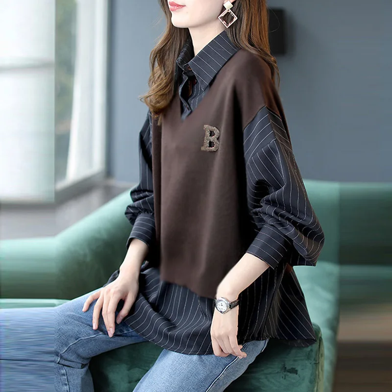 Top Trends: Fashion Lapel Spliced Loose Striped Fake Two Pieces Blouse Female Clothing 2022 Autumn New Casual Tops Oversized Korean Shirt Shoppable Styles