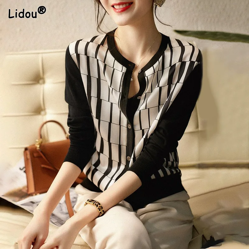 Top Trends: Black White Lattice O-Neck Spliced Cardigan Ice Silk Knitting Single Breasted Women&#039;s Clothing Office Lady Plaid Slim Sweaters Shoppable Styles