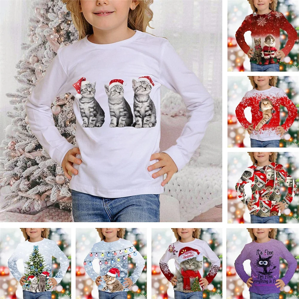 Top Trends: T-Shirt With Cats For Children Halloween Christmas Tree T Shirts Cat Snowman Girly Clothes From 6 To 14 Years White Kawaii Tees Shoppable Styles