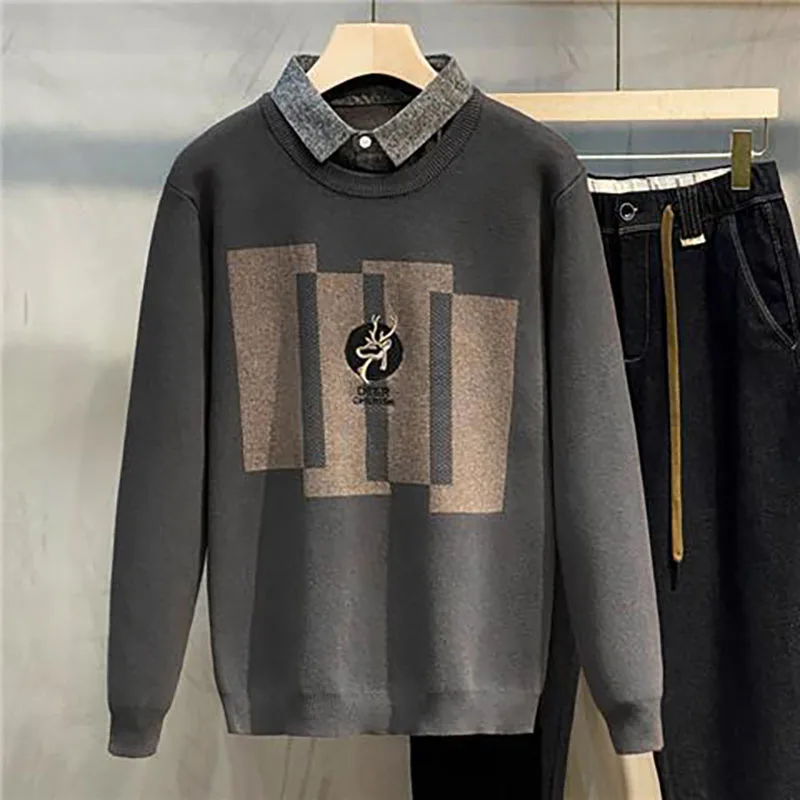 Top Trends: Fashion Lapel Spliced Embroidery Fake Two Pieces Sweaters Men's Clothing 2023 Autumn Winter Loose Korean Pullovers Casual Tops Shoppable Styles