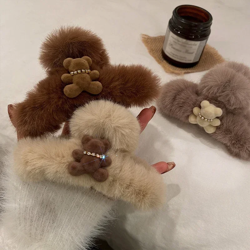 Top Trends: Fashion Plush Hair Claw Women Accessories Cute Cartoon Bear Head Clips Large Size Crab Clip Winter Furry Thick Hairpins Shoppable Styles