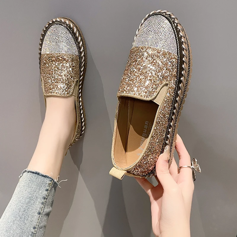 Top Trends: Women Shining Rhinestone Flats Loafers Slip-on Thick Botton Casual Woman Crystal Shoes Female Fashion Sneakers Sports Running Shoppable Styles - Image 4