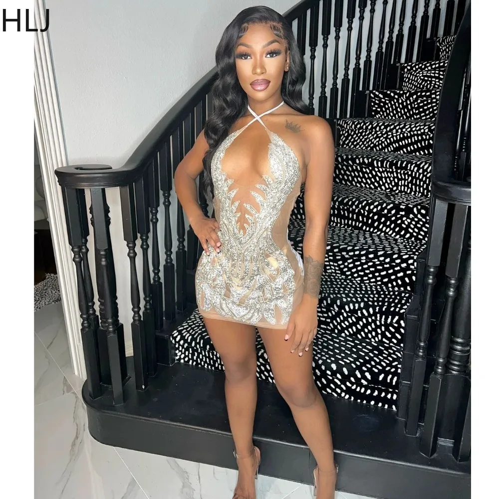 Top Trends: HLJ Gold Woman Evening Party Rhinestone Bandage Bodycon Dress Mesh Patchwork Halter Lace-up Elegant Sexy Birthday Club Outfit Shoppable Styles