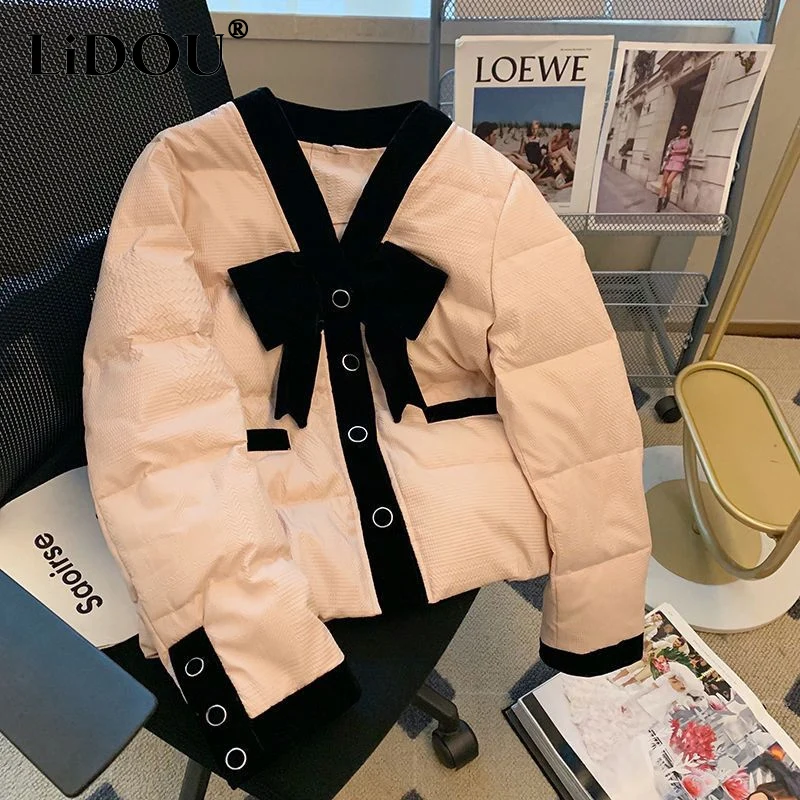 Top Trends: 2023 Winter New Fashion V-neck Long Sleeve Button Parkas Women Korean Style Bow Contrast Color Loose Casual All-match Y2K Coat Shoppable Styles