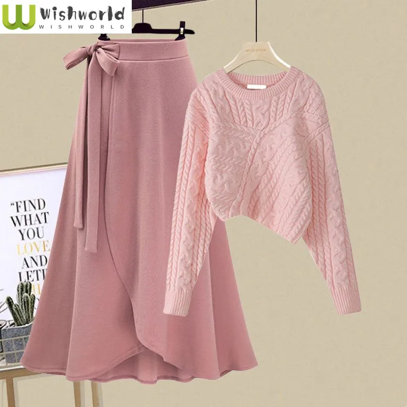 Top Trends: Autumn And Winter Set Women&#039;s 2023 New Korean Fashion Irregular Short Sweater High Waist Half Skirt Two Piece Set Shoppable Styles